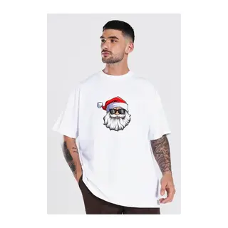 Yılbaşı Gözlüklü Noel Baba Baskılı Kısa Kollu Oversize Bisiklet Yaka T-shirt - Beyaz