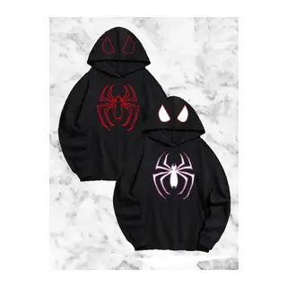 Sevgili Çift Kombini Örümcek Baskılı Kapüşonlu Sweatshirt Hoodie - Siyah