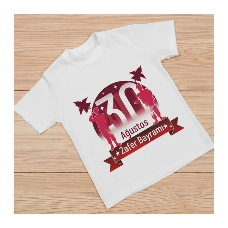 Ağustos Zafer Bayramı Atatürk Baskılı Kısa Kollu Bisiklet Yaka T-shirt - Beyaz