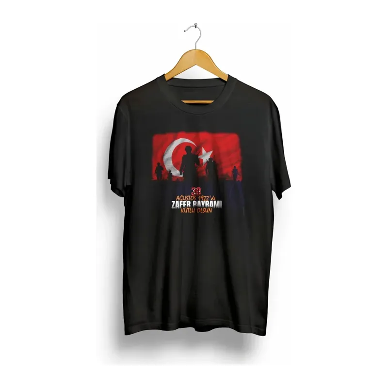 30 Ağustos Zafer Bayramı Atatürk Baskılı Oversize Bisiklet Yaka T-shirt - Siyah