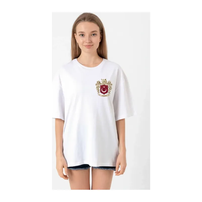 Türk Arma Baskılı Oversize Bisiklet Yaka Günlük T-shirt - Beyaz
