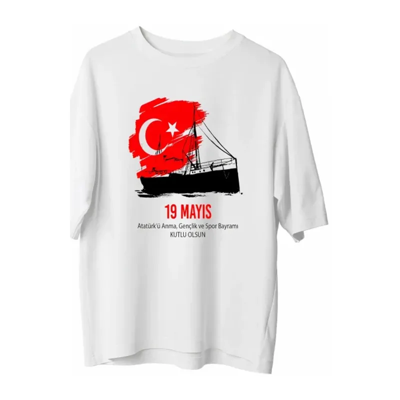 19 Mayıs Atatürkü Anma Gençlik Ve Spor Bayramı Baskılı Oversize T-shirt - Beyaz
