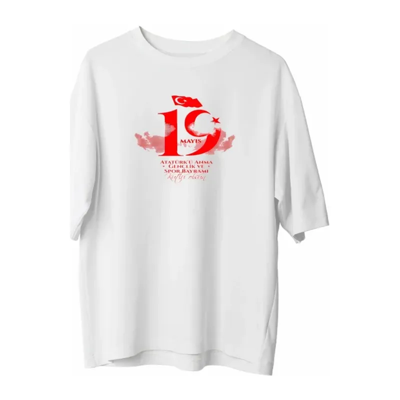 19 Mayıs Atatürk Temalı Gençlik Ve Spor Bayramı Bisiklet Yaka T-shirt - Beyaz