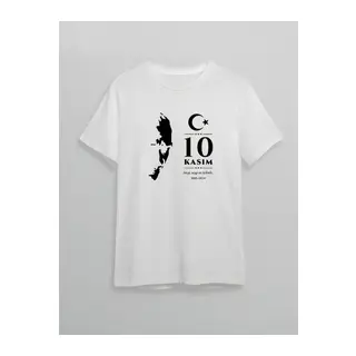 10 Kasım Atatürk Anma Günü Silüet Baskılı Oversize Bisiklet Yaka T-shirt - Beyaz