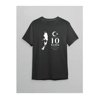 10 Kasım Atatürk Anma Günü Silüet Baskılı Oversize Bisiklet Yaka T-shirt - Siyah