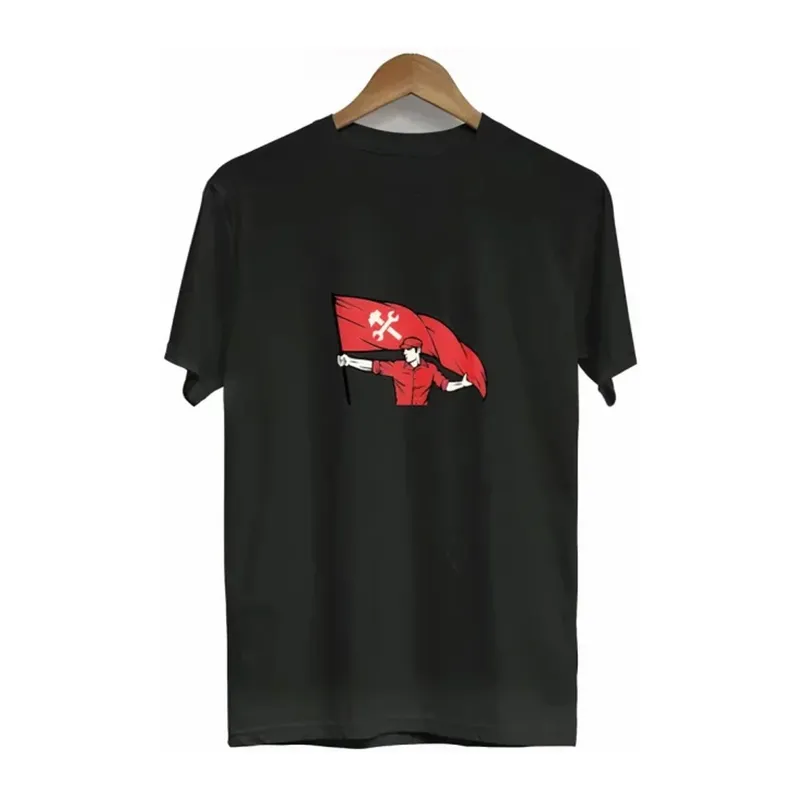 1 Mayıs Emek Ve Dayanışma Bayraklı Emekçi Baskılı Bisiklet Yaka T-shirt - Siyah