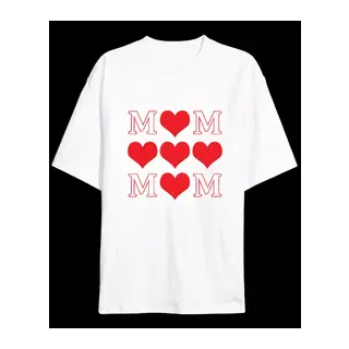 Anneler Günü Hediye MOM Kalp Baskılı Oversize Bisiklet Yaka T-shirt - Beyaz