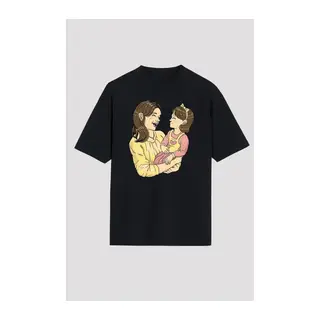 Anneler Günü Hediye Anne Kız Temalı Baskılı Oversize Bisiklet Yaka T-shirt - Siyah