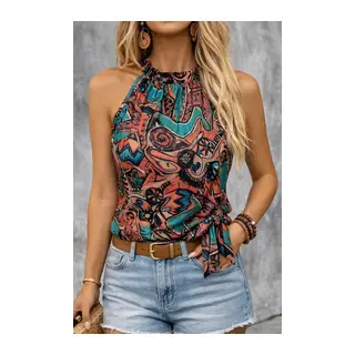 Kadın Boyundan Halkalı Reglan Kollu Yandan Bağcıklı Desenli Süprem Bluz