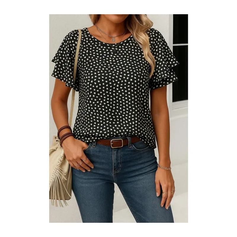 Kadın Kısa Kollu Kolları Volanlı Baskılı Süprem Bluz