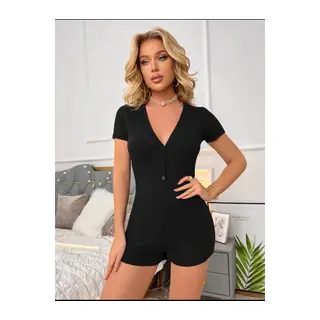 Kadın Kısa Kollu önü Düğmeli Mini Bodycon Fitilli Kaşkorse Tulum