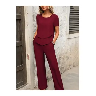 Kadın Kısa Kollu Kayık Yaka önü Asimetrik Detaylı Kısa Sandy Bluz Ve Pantolon Ikili Takım