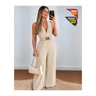 Kadın Askılı Kruvaze Yakalı Belinde Kemer Detaylı Uzun Ithal Krep Tulum