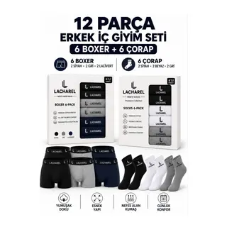 Erkek 12li İç Giyim Seti Pamuklu 6 Boxer 6 Çorap Çoklu Paket - Siyah - Lacivert - Gri - Beyaz