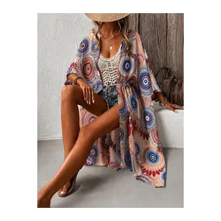 Kadın Kısa Kollu önü Açık Belden Kuşaklı Uzun Kimono
