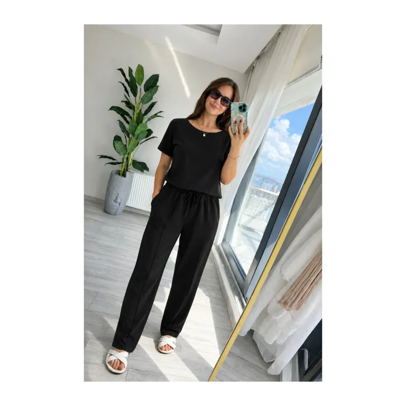 Kadın Kısa Kollu Bisiklet Yakalı Viskon Iki Iplik Bluz Ve Pantolon Ikili Takım