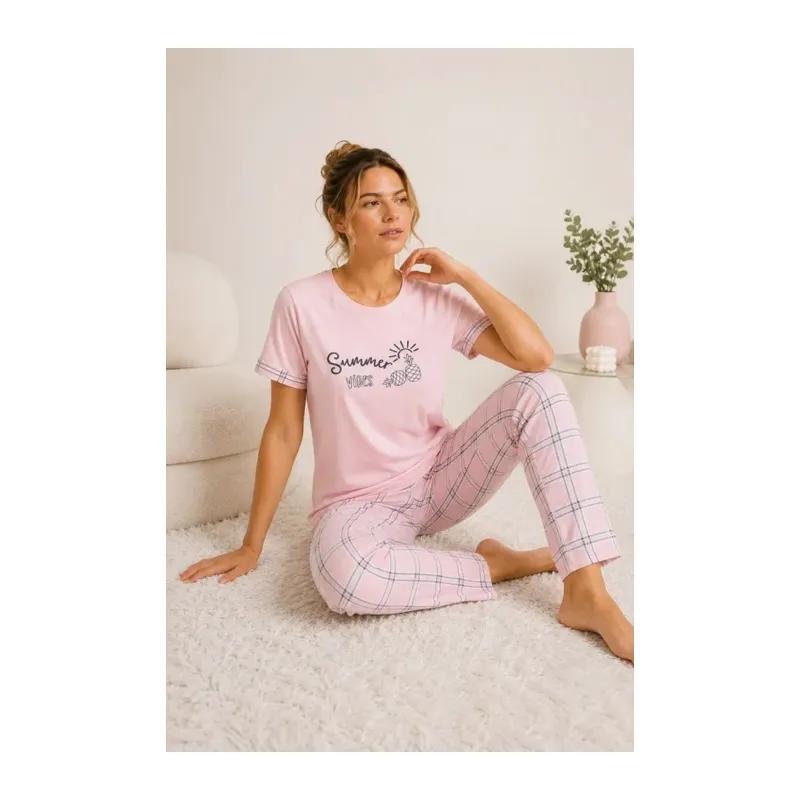 Pamuklu Penye Summer Baskılı Kısa Kollu Pijama Takımı Ekose Desenli - Pembe