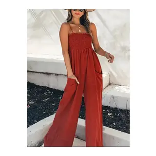 Kadın Ip Askılı Göğsü Lastik Detaylı Cepli Uzun Sofya Tulum
