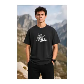 Erkek Outdoor Pusula Dağ Baskılı Kısa Kollu Oversize T-Shirt - Siyah