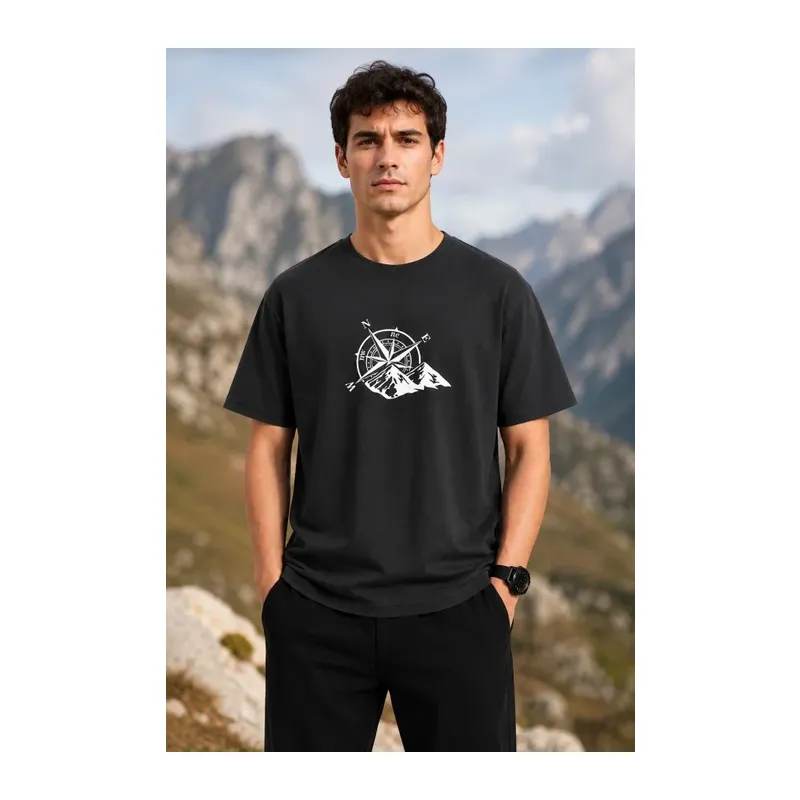 Erkek Outdoor Pusula Dağ Baskılı Kısa Kollu Oversize T-Shirt - Siyah