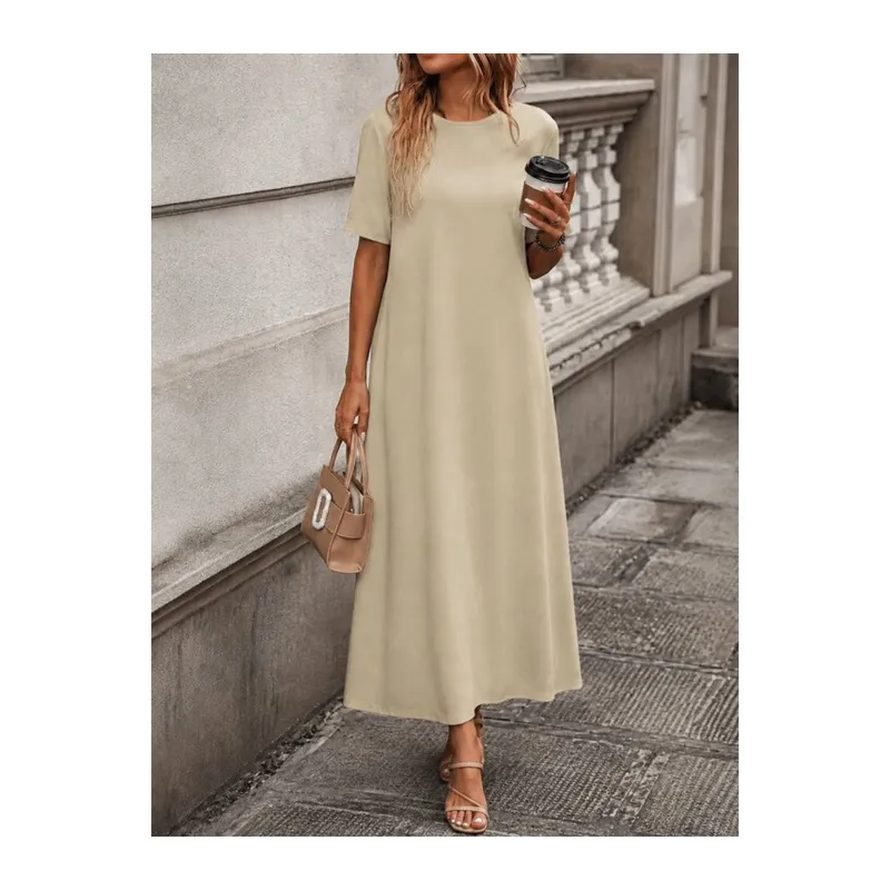 Kadın Kısa Kollu Bisiklet Yakalı Uzun Viskon Elbise