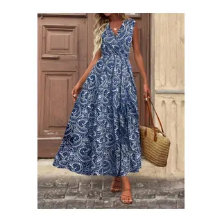 Kadın Kolsuz Kruvaze Yakalı Kemersiz Desenli Uzun Süprem Elbise