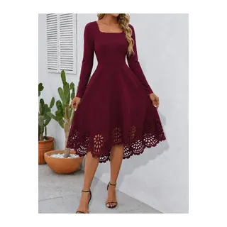 Kadın Uzun Kollu Kare Yakalı Etek Ucu Lazer çiçek Kesim Detaylı Midi Ithal Krep Elbise