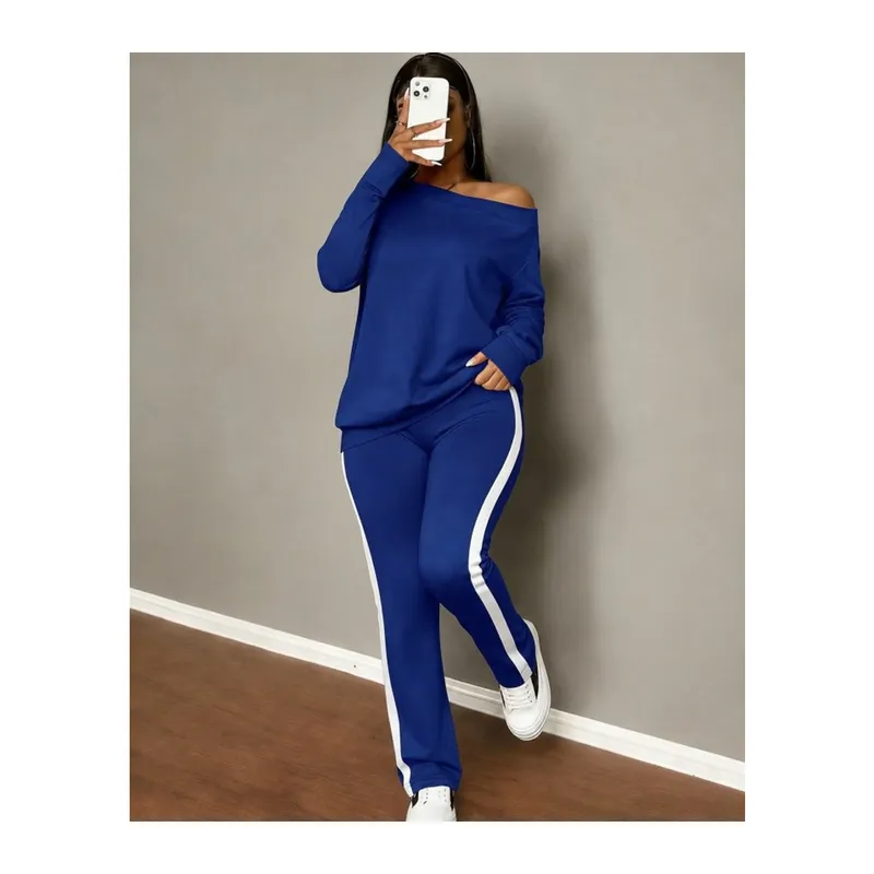 Kadın Tek Omuzdan Açık Uzun Kollu Viskon Iki Iplik Bluz Ve Yan şerit Detaylı Pantolon Ikili Takım