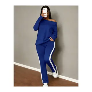 Kadın Tek Omuzdan Açık Uzun Kollu Viskon Iki Iplik Bluz Ve Yan şerit Detaylı Pantolon Ikili Takım