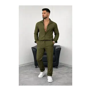 Erkek Çizgili Krep Kumaş Krem Gömlek Pantolon Alt Üst Takım Uzun Kollu - Haki