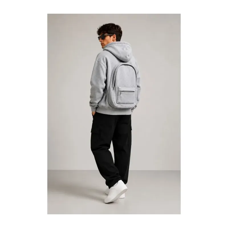 Erkek 3 İplik Şardonlu Tam Fermuarlı Kapüşonlu Arka Çanta Detaylı Sweatshirt - Gri