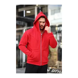 Erkek Maskeli Ninja Model Çift Kapüşonlu 3 İplik Şardonlu Fermuarlı Sweatshirt - Kırmızı