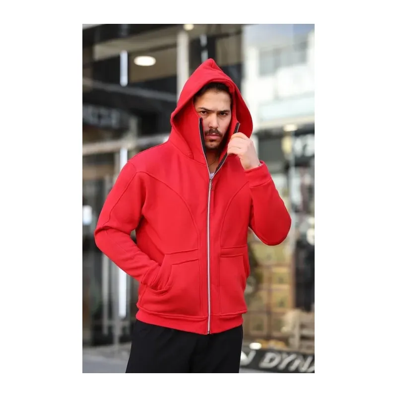 Erkek Maskeli Ninja Model Çift Kapüşonlu 3 İplik Şardonlu Fermuarlı Sweatshirt - Kırmızı