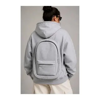3 İplik Şardonlu Tam Fermuarlı Kapüşonlu Arka Çanta Detaylı Sweatshirt - Gri