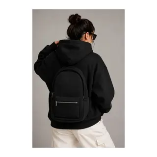 3 İplik Şardonlu Tam Fermuarlı Kapüşonlu Arka Çanta Detaylı Sweatshirt - Siyah