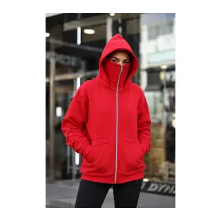 Maskeli Ninja Model Çift Kapüşonlu 3 İplik Şardonlu Fermuarlı Oversize Sweatshirt - Kırmızı
