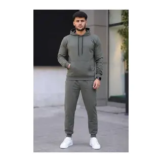 Erkek İki İplik Kapüşonlu Kanguru Cepli Sweatshirt Jogger Pantolon Alt Üst Eşofman Takımı - Haki