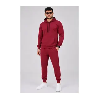 Erkek İki İplik Kapüşonlu Kanguru Cepli Sweatshirt Jogger Pantolon Alt Üst Eşofman Takımı -Bordo