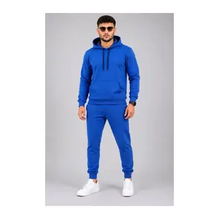 Erkek İki İplik Kapüşonlu Kanguru Cepli Sweatshirt Jogger Pantolon Alt Üst Eşofman Takımı -Saks Mavisi