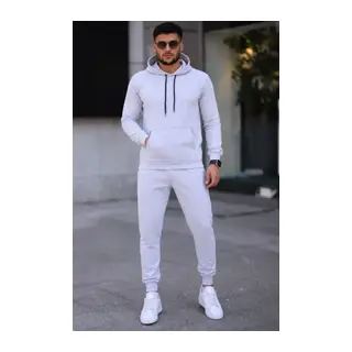 Erkek İki İplik Kapüşonlu Kanguru Cepli Sweatshirt Jogger Pantolon Alt Üst Eşofman Takımı -Beyaz