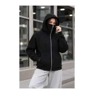 Maskeli Ninja Model Çift Kapüşonlu 3 İplik Şardonlu Fermuarlı Oversize Sweatshirt - Siyah