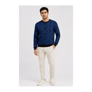 Erkek Siyah Mavi Yazı Desenli İki İplik Şardonlu Sweatshirt