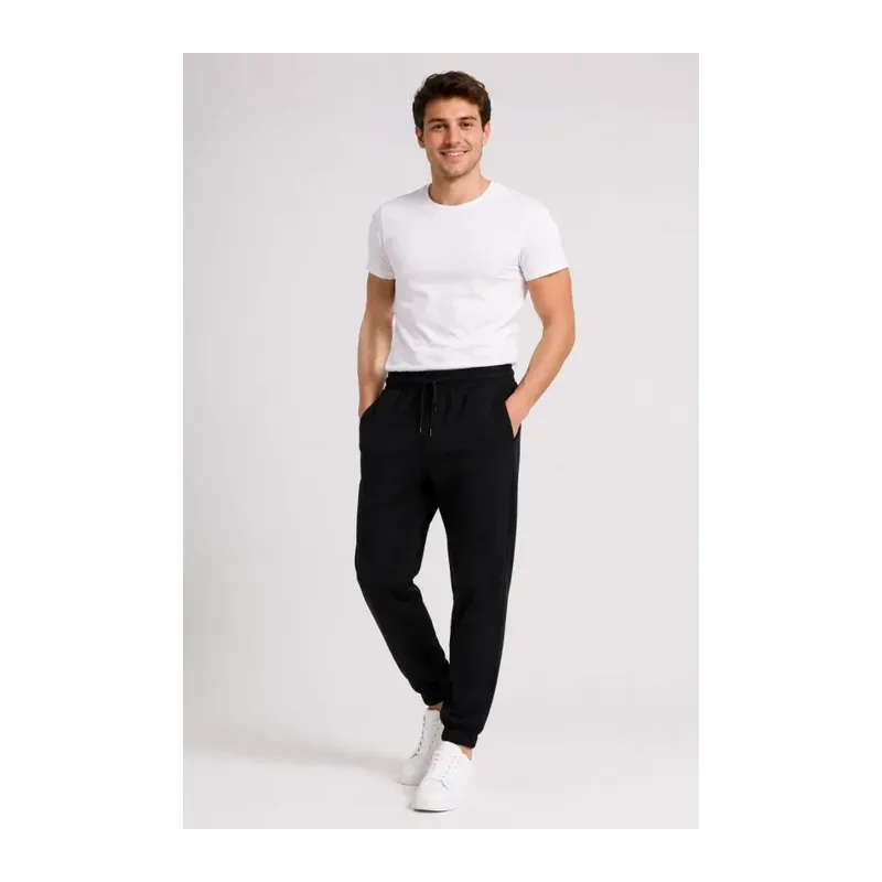 Erkek İki İplik Beli Lastikli Bağcıklı Regular Fit Jogger Eşofman Altı - Siyah