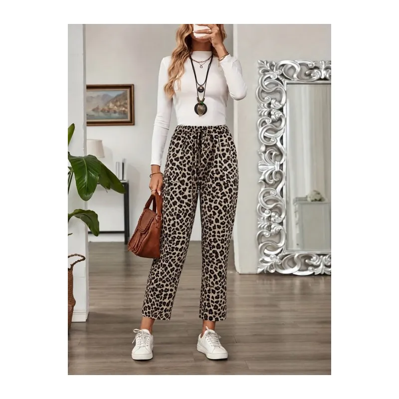 Kadın Yüksek Bel Bağcıklı Leopar Desenli Modal Pantolon