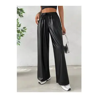 Kadın Yüksek Bel Belden Lastikli Bağcıklı Geniş Kesim Detaylı Deri Pantolon