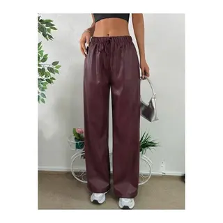 Kadın Yüksek Bel Belden Lastikli Bağcıklı Geniş Kesim Detaylı Deri Pantolon