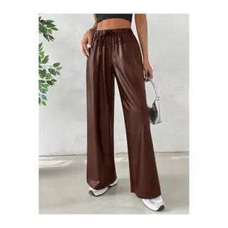 Kadın Yüksek Bel Belden Lastikli Bağcıklı Geniş Kesim Detaylı Deri Pantolon