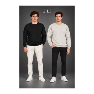 Erkek 2Li Bisiklet Yaka İçi Şardonlu 2 İplik Düz Uzun Kollu Regular Fit Sweatshirt - Siyah - Gri