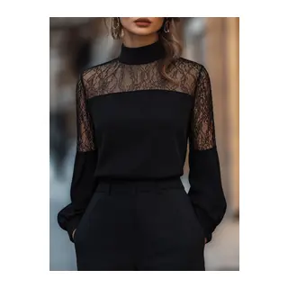 Kadın Uzun Kollu Balıkçı Yaka Dantelli Janjan Krep Bluz