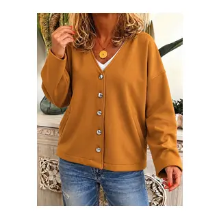 Kadın Düğme Detaylı V Yaka Oversize Camel Ceket / Hırka